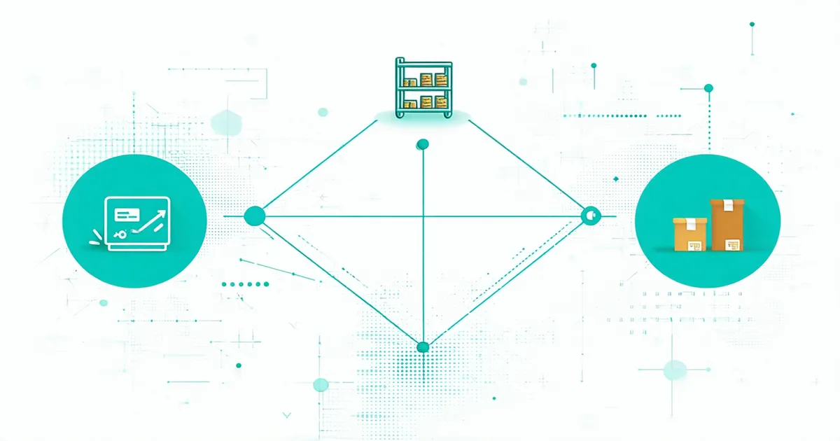Abstract illustration of demand forecasting data flow — charts, arrows, inventory icons connected in a data pipeline