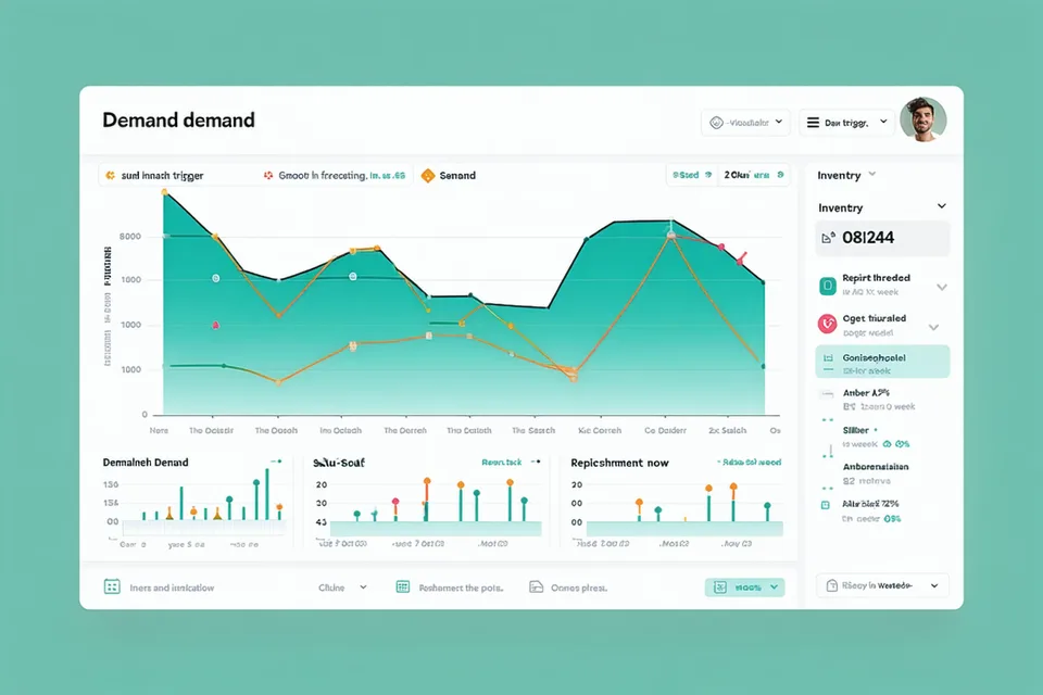 Stockorlo demand forecast dashboard showing SKU-level demand curve, replenishment trigger threshold, and upcoming reorder recommendations for a multi-channel apparel catalog